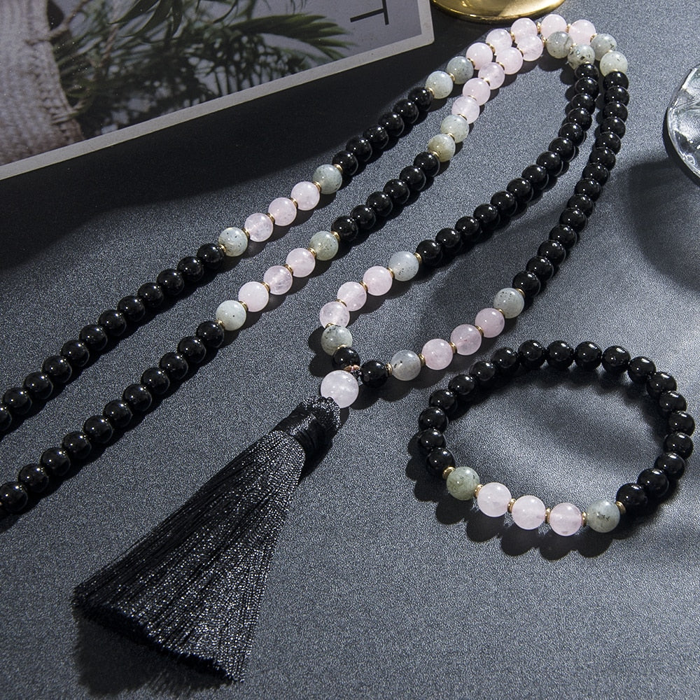 8mm Black Onyx Rose Quartz Labradorite Beaded 108 Japamala Necklace