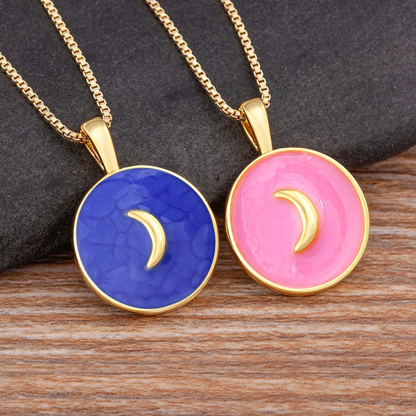 Luxury Enamel Oil Drop 3 Colors Round Inlaid Moon Shape Gold Plated Necklace Women