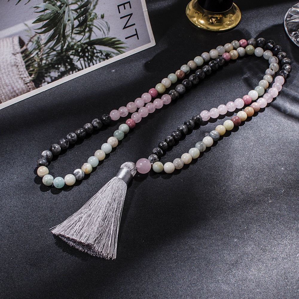 8mm Amazonite Rose Quartz Labradorite Beaded 108 Mala Necklace Set