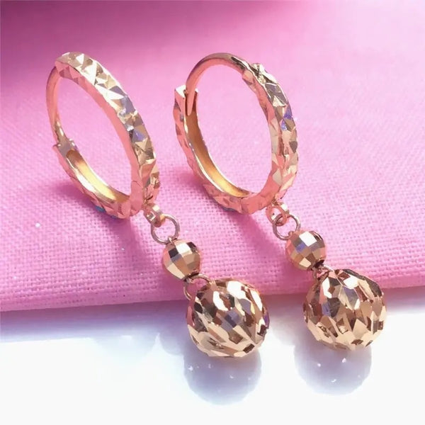 585 purple gold plated 14K rose gold round bead long earrings for women