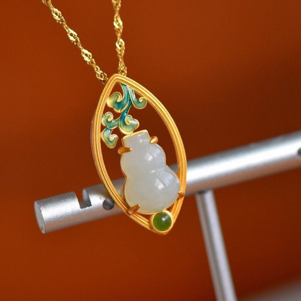 Ancient gold craft inlay natural Hetian white jade gourd necklace