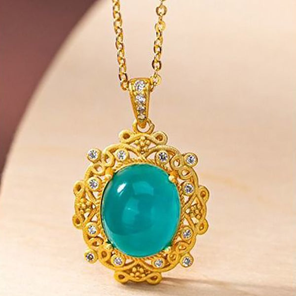 New silver inlaid natural Tianhe Stone Crystal Oval Pendant Necklace