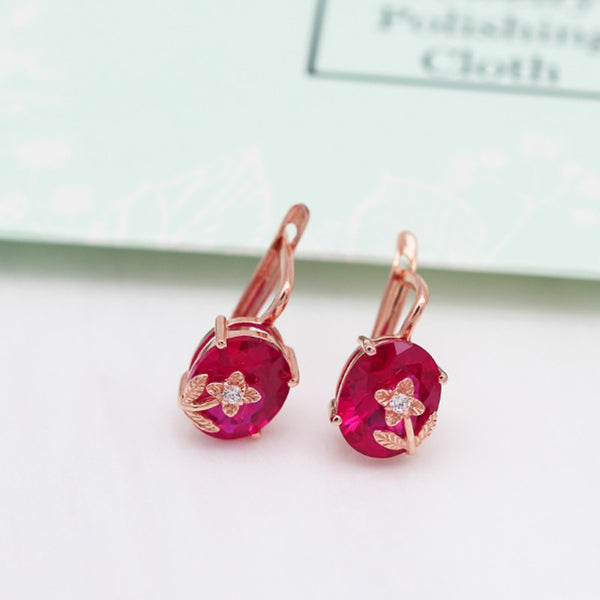 585 Purple Gold Plated 14K Rose Gold Inlaid Ruby Flower Shape Earrings for Women