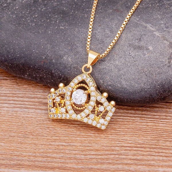 Classic Gold Color Crown Pendant Necklace For Women