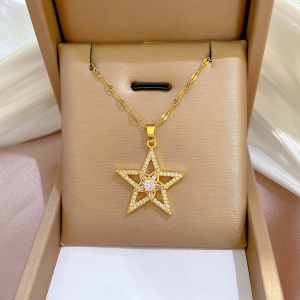 316L Stainless Steel Sweet Sparkling Full Crystal Star Pendant Clavicle Chain Necklace Women