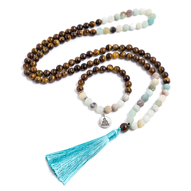 8mm Amazonite Yellow Tiger Eye Beaded 108 Mala Necklace Set