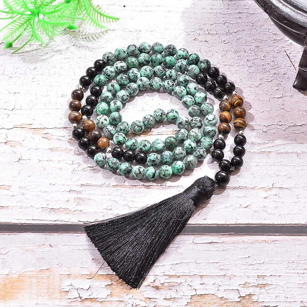 8mm African Turquoise Black Onyx Tiger Eye Beads Necklace Bracelet Japamala Set