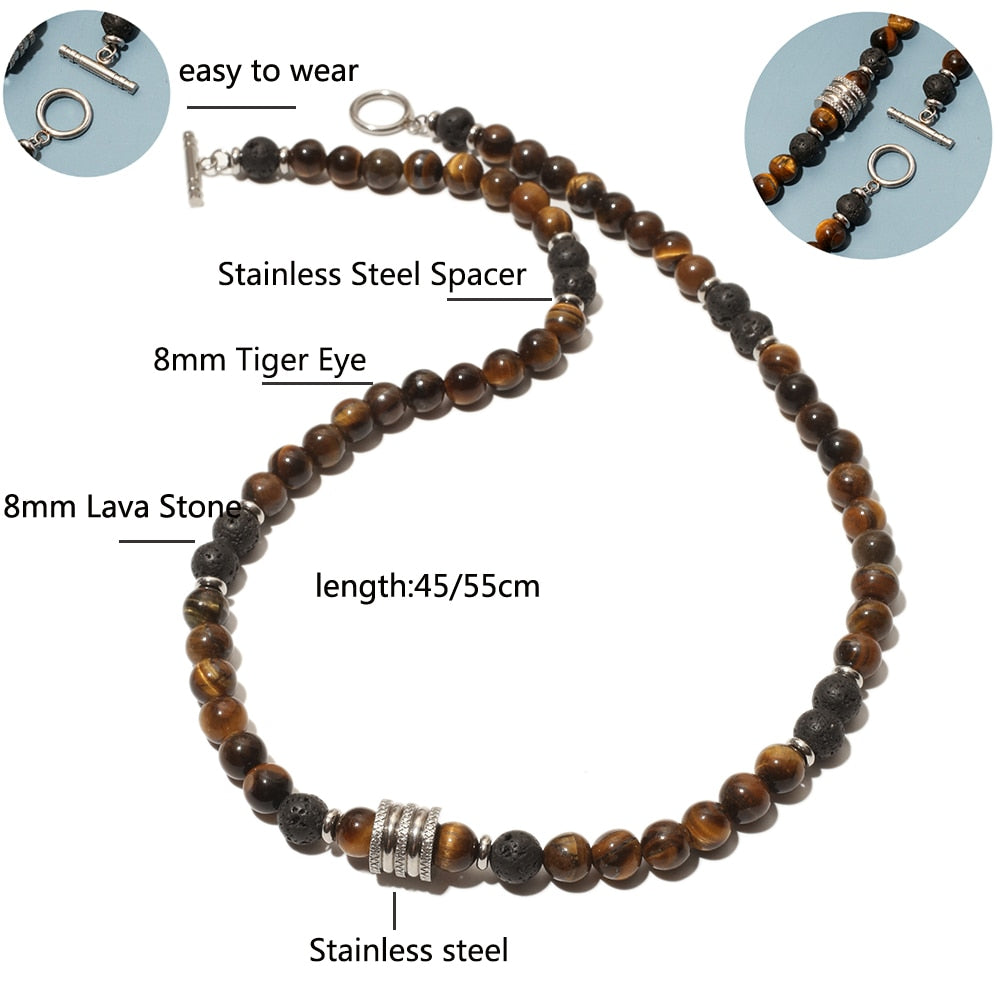 8mm Men&#39;s Unique Natural Tiger Eyes Stone Lava Bead Choker Necklace