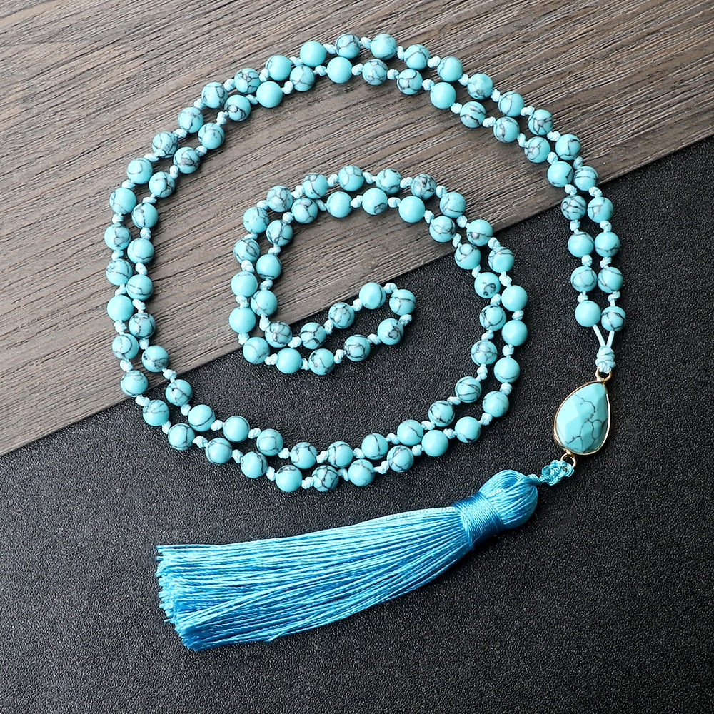 Natural Blue Pine Stone 108 Mala Beads Long Necklaces 6mm Natural Stone Pendant Women