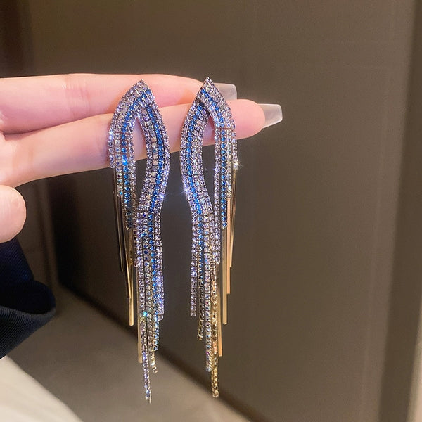 Long Tassel Geometric Drop Earrings for Women Blue Rhinestone Dangle Earrings