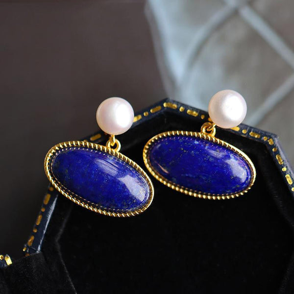 New creative design inlaid pearl lapis lazuli oval women earrings