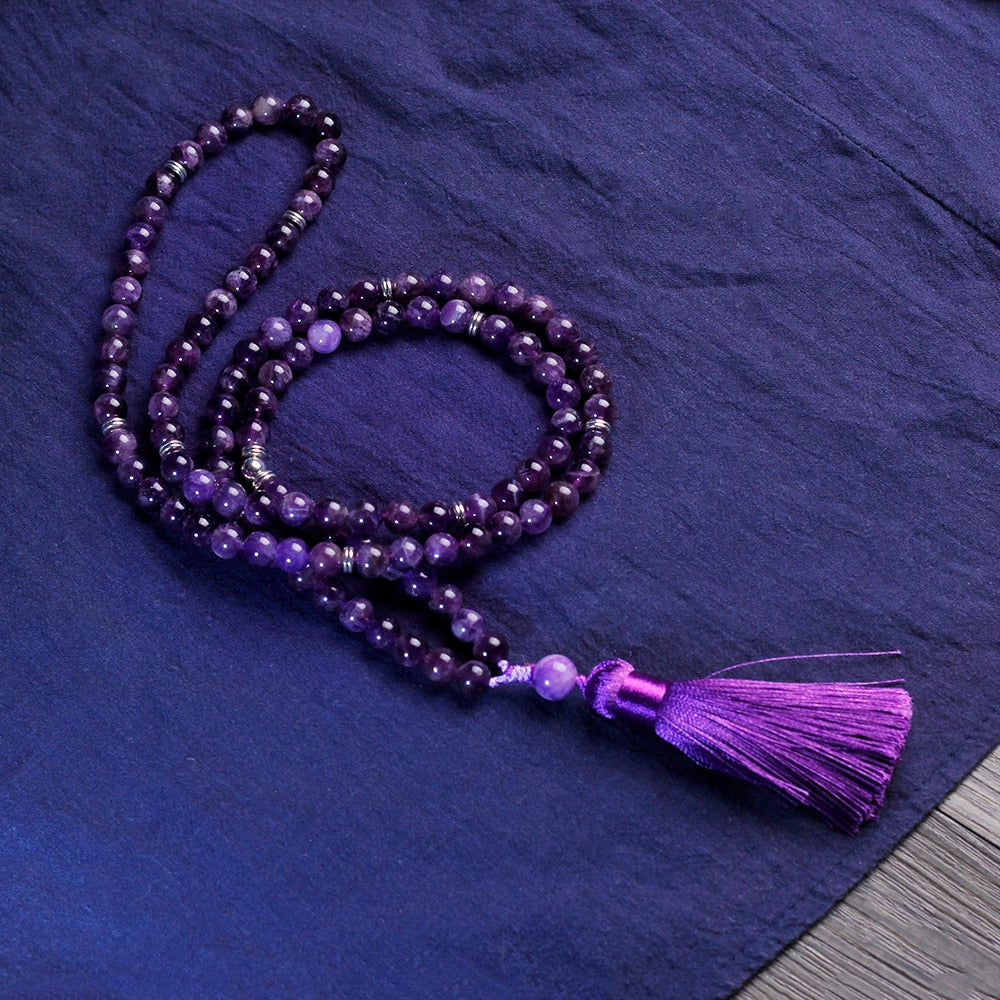 8mm Amethyst Necklace with tassel, Peaceful Heart Calming JaPaMala