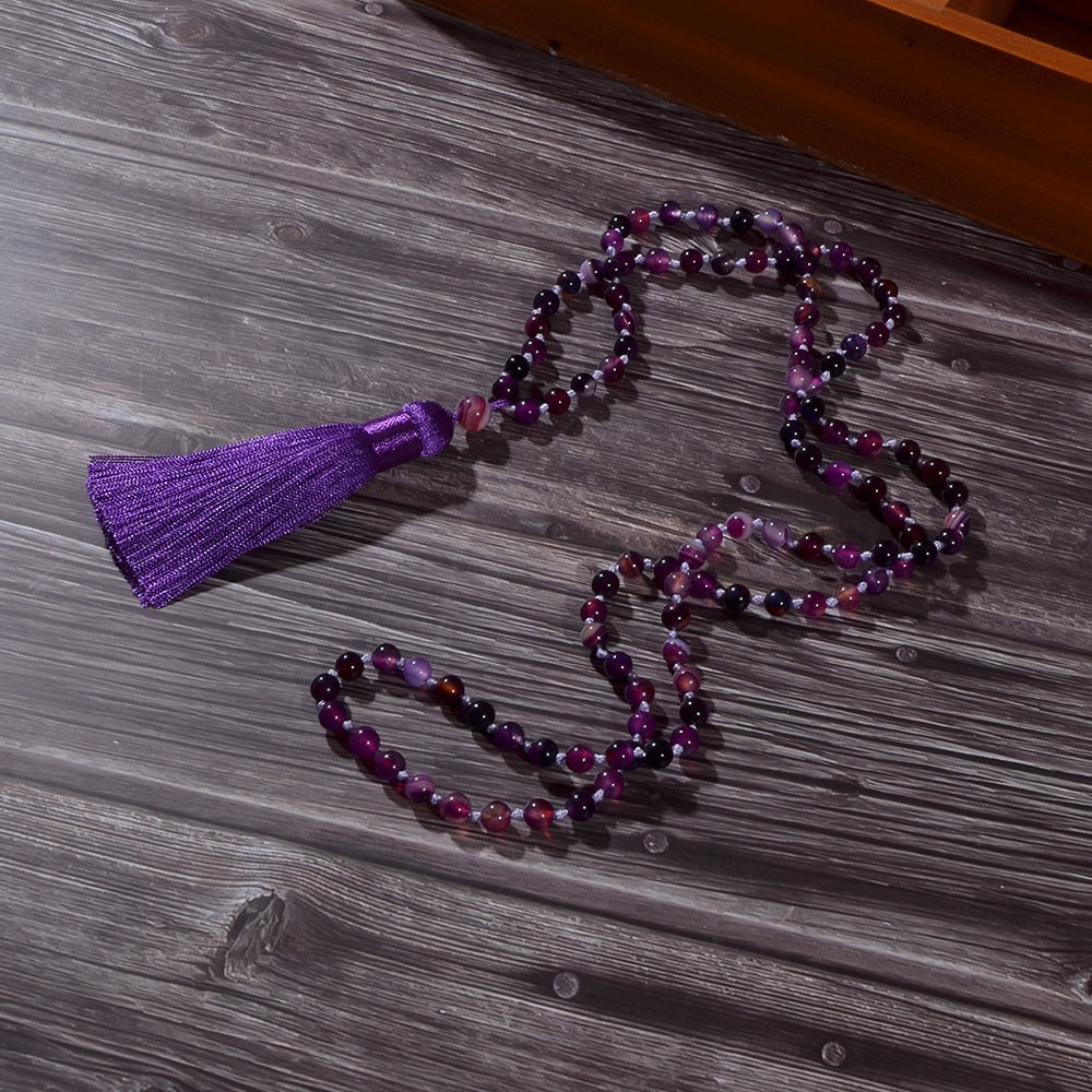 6mm Purple Striped Agate Beads Knotted 108 Mala Necklace