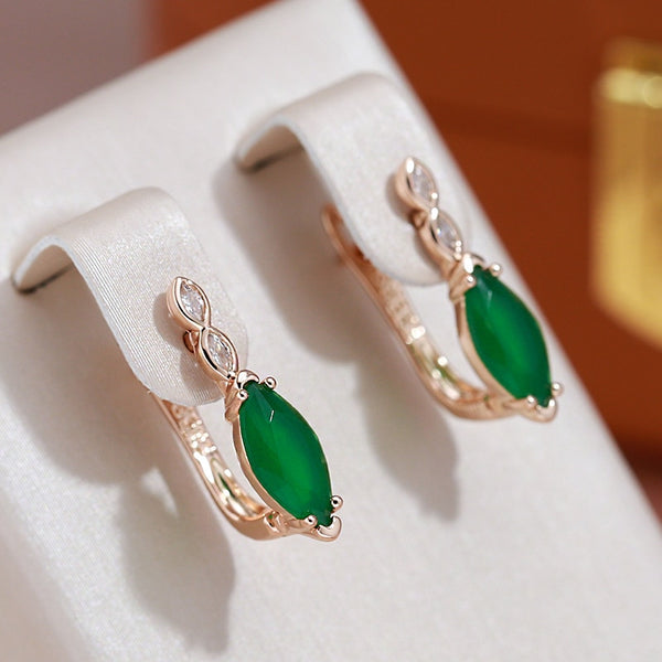 Single Rhombus Emerald Green Zircon 585 Gold Color Earrings