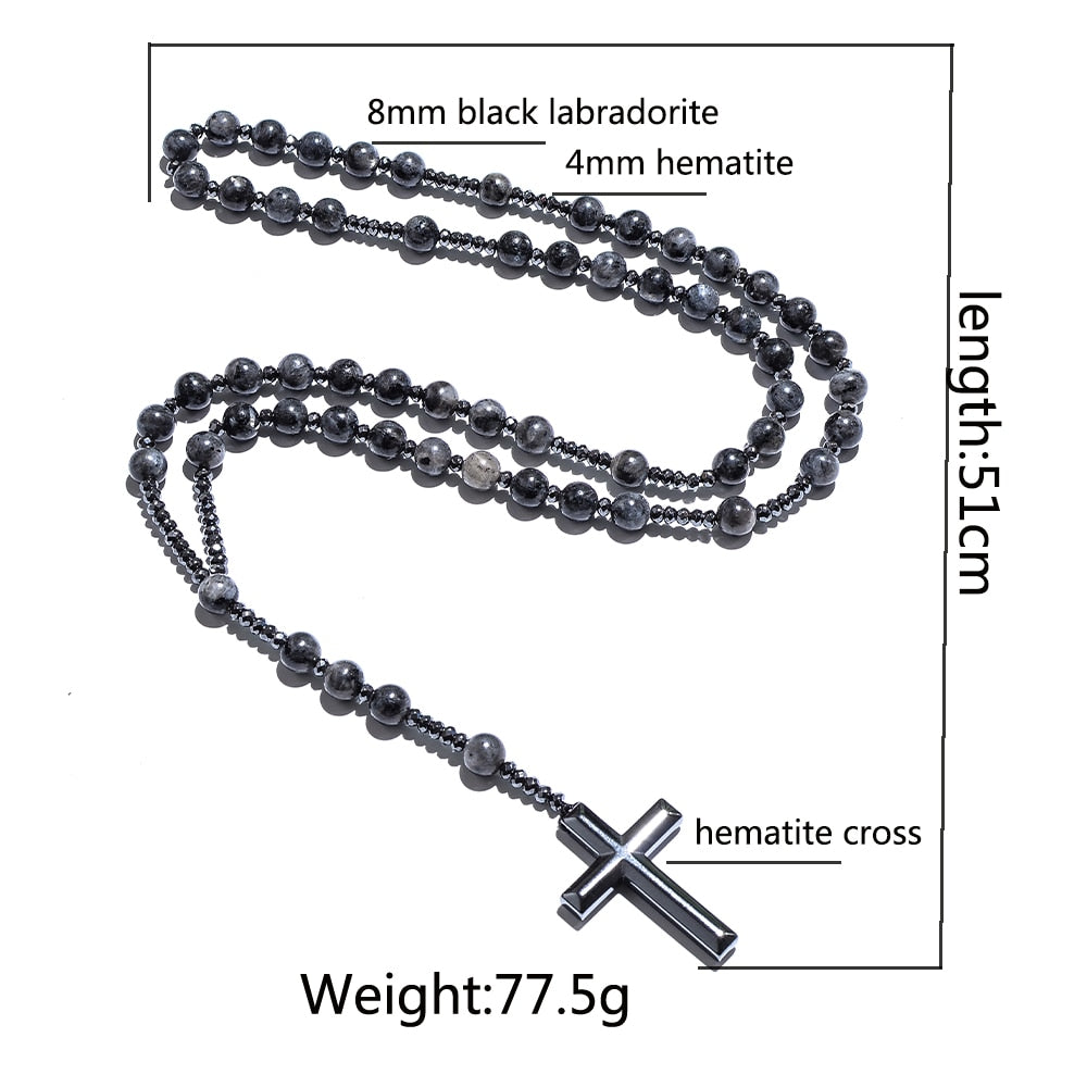 8mm Natural Stone Bead Hematite Cross Pendant For Men Women