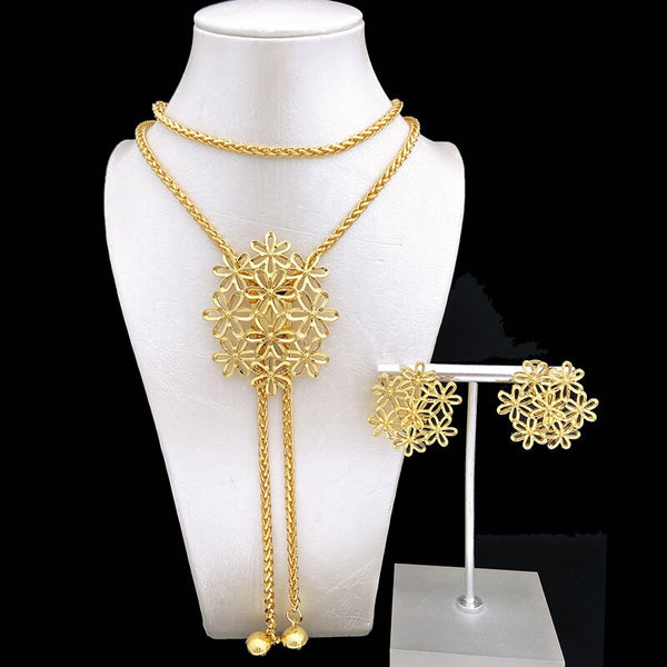 Fashion Jewelry For Women Gold Color Necklace And Earrings Set Long Chain Large Pendant