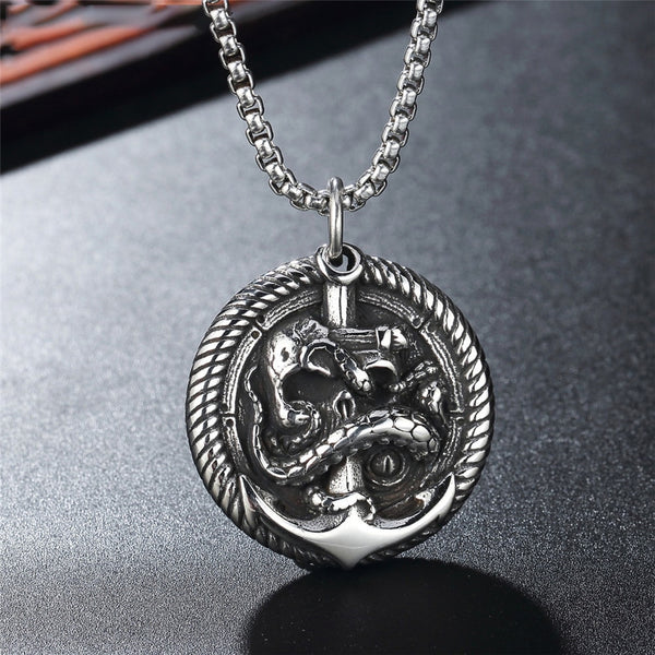 Vintage Viking Anchor Skull Pendant Necklace Men