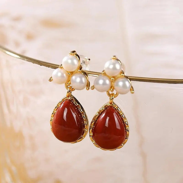 New Design Pearl Red Enamel Porcelain Drop Earrings