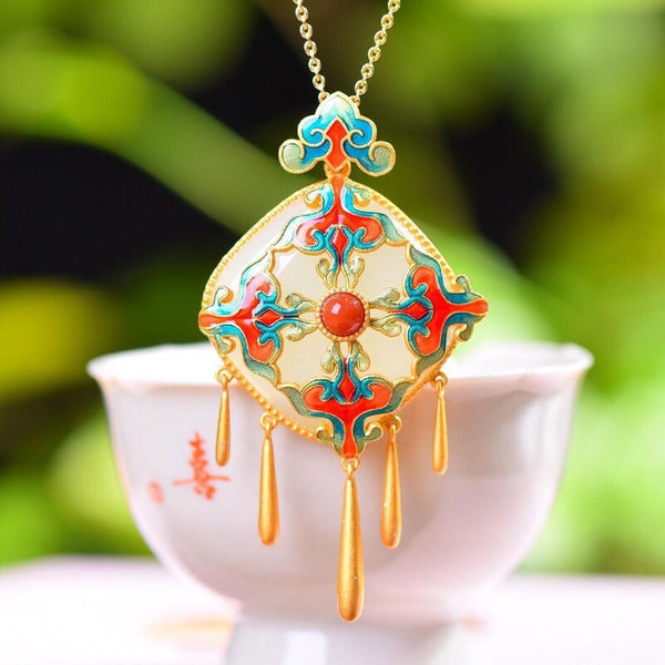 Natural Hetian jade square enamel auspicious cloud tassel pendant