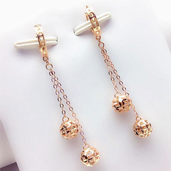 585 Purple Gold Plated 14K Rose Gold Double Round Bead Drop Earrings for Women