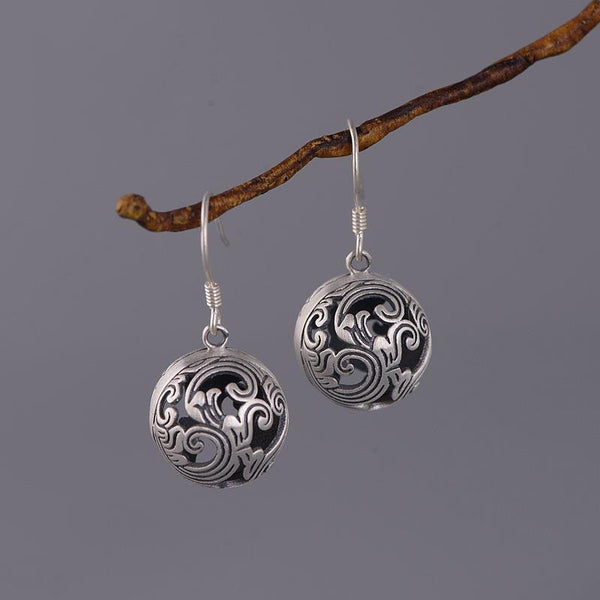 Thai silver craft hollow spherical retro auspicious clouds earrings for women