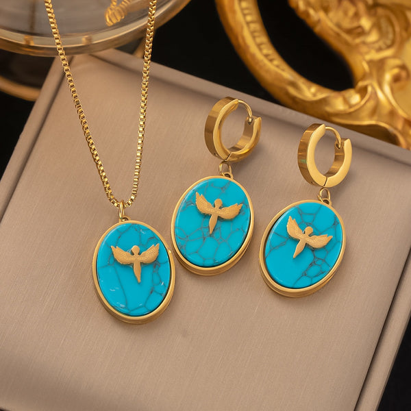 Luxury Jewelry Set Vintage Boho for Women Lady Turquoise Pendant Necklaces Earrings