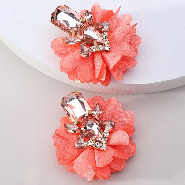 Fashion Sparkly Crystal Inlay Cotton Flower Big Dangle Earrings For Women