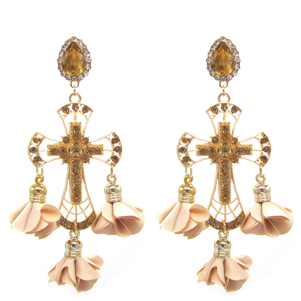 Statement Alloy Long Pendant Rhinestones Tassel Flower Earrings For Women