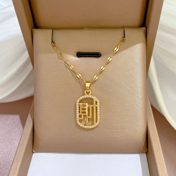 Gold Color Chinese Letter Rich Zircon Necklace For Women Chain Choker Necklace