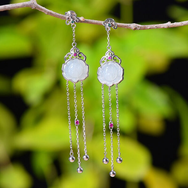 Original design silver inlaid classical lotus natural hetian jade long fringe earrings for women