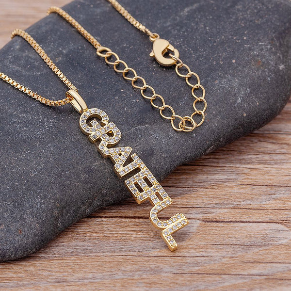 Simple Design Letters Grateful Pendant Copper Zircon Gold Color Long Chain Necklaces For Women