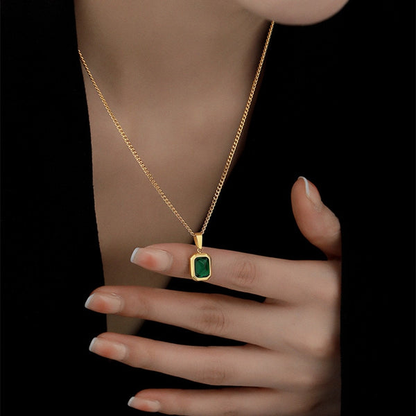 Retro Square Green Zircon Pendant Necklace For Women