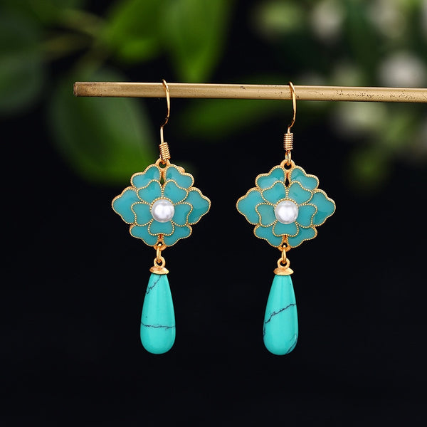 New in Vintage Turquoise Camellia Earrings for Women