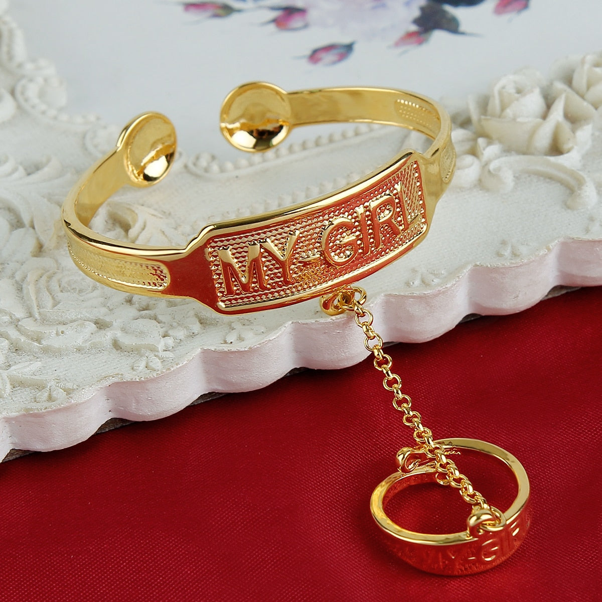 24k Dubai Gold  Stamp Baby Bangle Child Bracelet With Ring