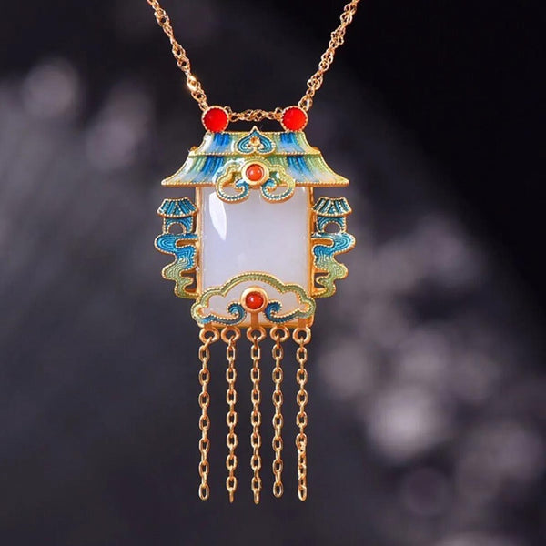 Original Enamel Porcelain Inlaid Natural Hetian Jade Palace Pendant Ladies Necklace