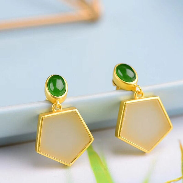 Natural Hetian White Jade Geometric Pentagonal Earrings