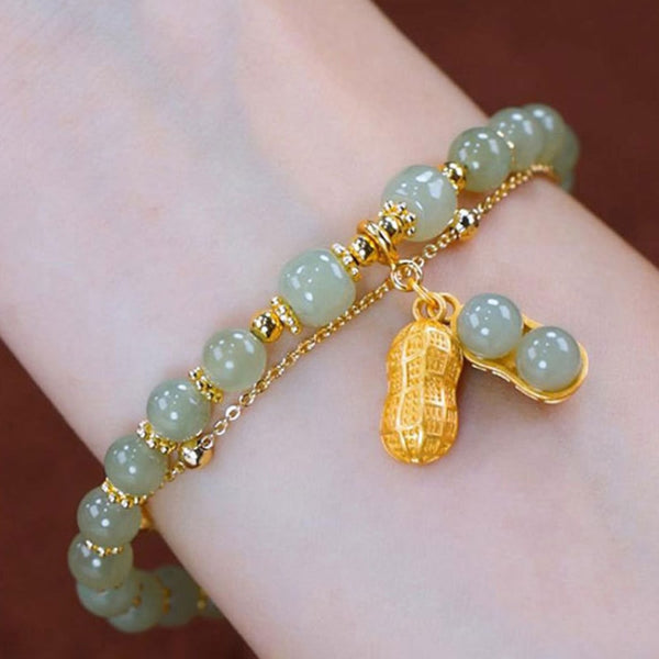 Classic and creative double layer peanut bangles Natural Hotan Jade retro bracelet for women