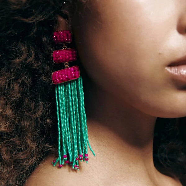 Ethnic Style Acrylic Beaded Tassel Chain Piercing Long Hanging Earrings For Women