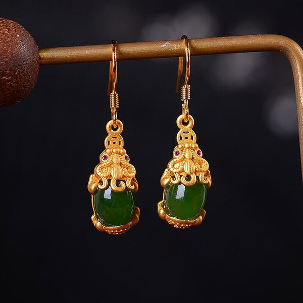 new ancient gold craftsmanship inlaid natural Hetian jade brave green earrings