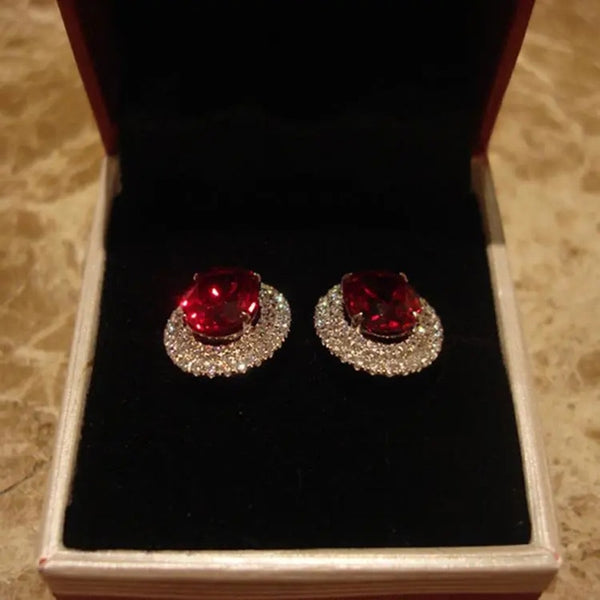 Original design silver studded with diamonds red crystal round earrings for women