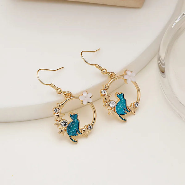 Fashion Cute Cat Earrings for Women Korean Sweet Cartoon Moon Flower Geometric Dangle Earrings