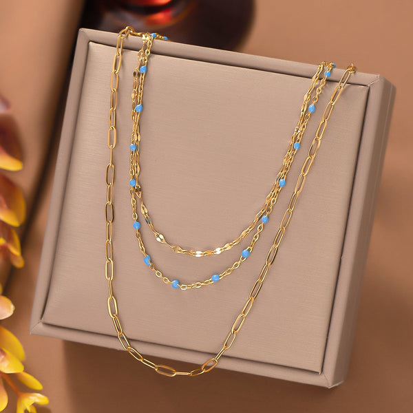 316L Stainless Steel Enamel  Decorated 3Layers Chains Necklace For Women