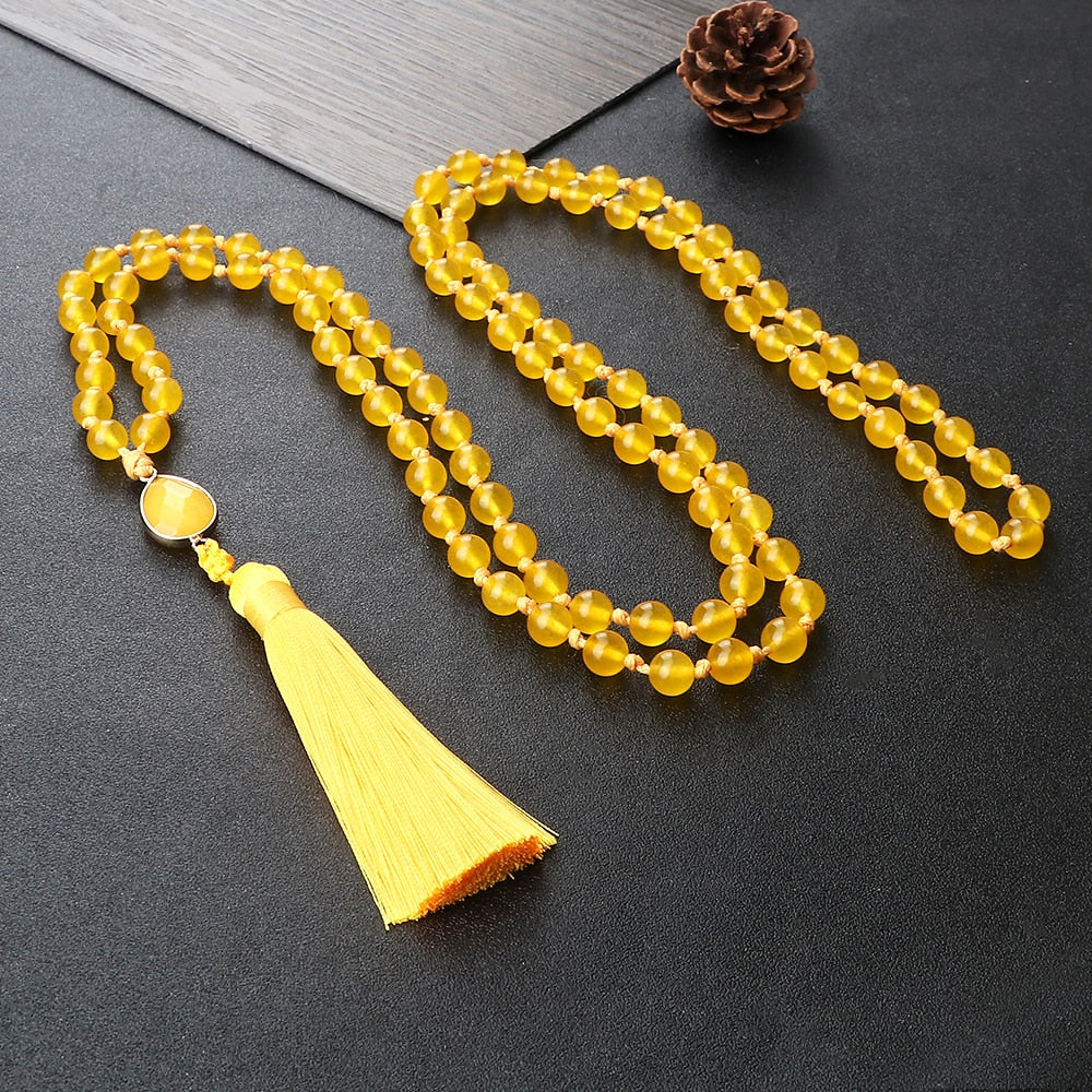 Fashion 108 Mala Natural Yellow Chalcedony Beads Necklaces For Women