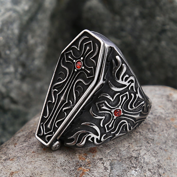 Vintage Stainless Steel Vampire Coffin Ring For Men Boys Punk Red Stone Open Rings