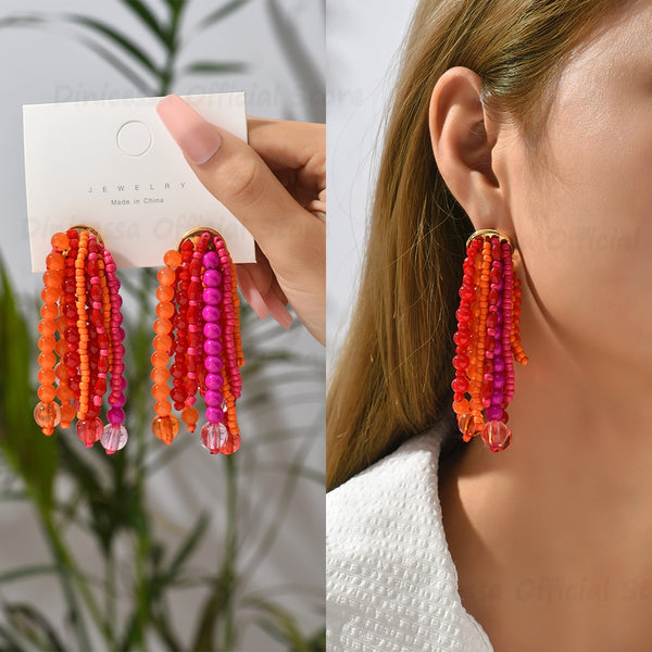 New Fashion Red Acrylic Glossy Beads Tassel Dangle Earrings For Women