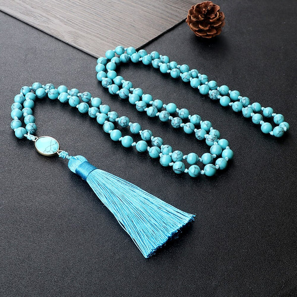 108 Mala Natural Stone Blue 8mm Beads Necklaces For Women Men Blue Beaded Strand Pendant