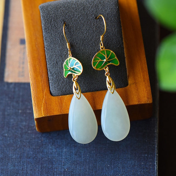 Inspiration Design Natural Hetian Jade Lotus Leaf Drop-shaped Long Earrings