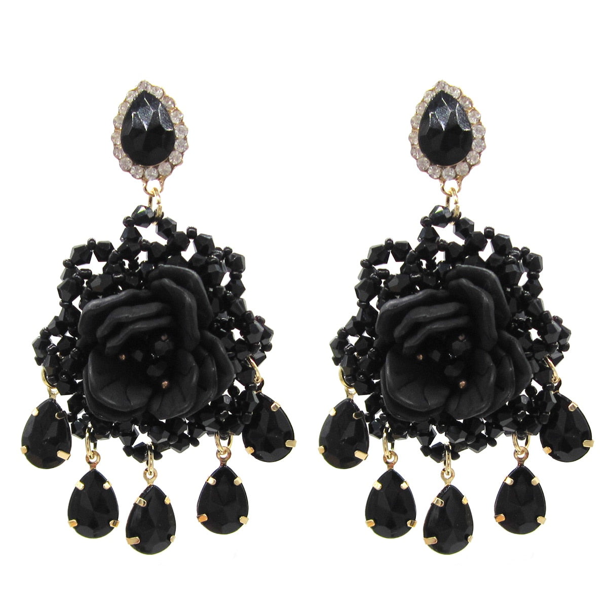 Statement Handmade Crystal Flower Big Drop Earrings for Women