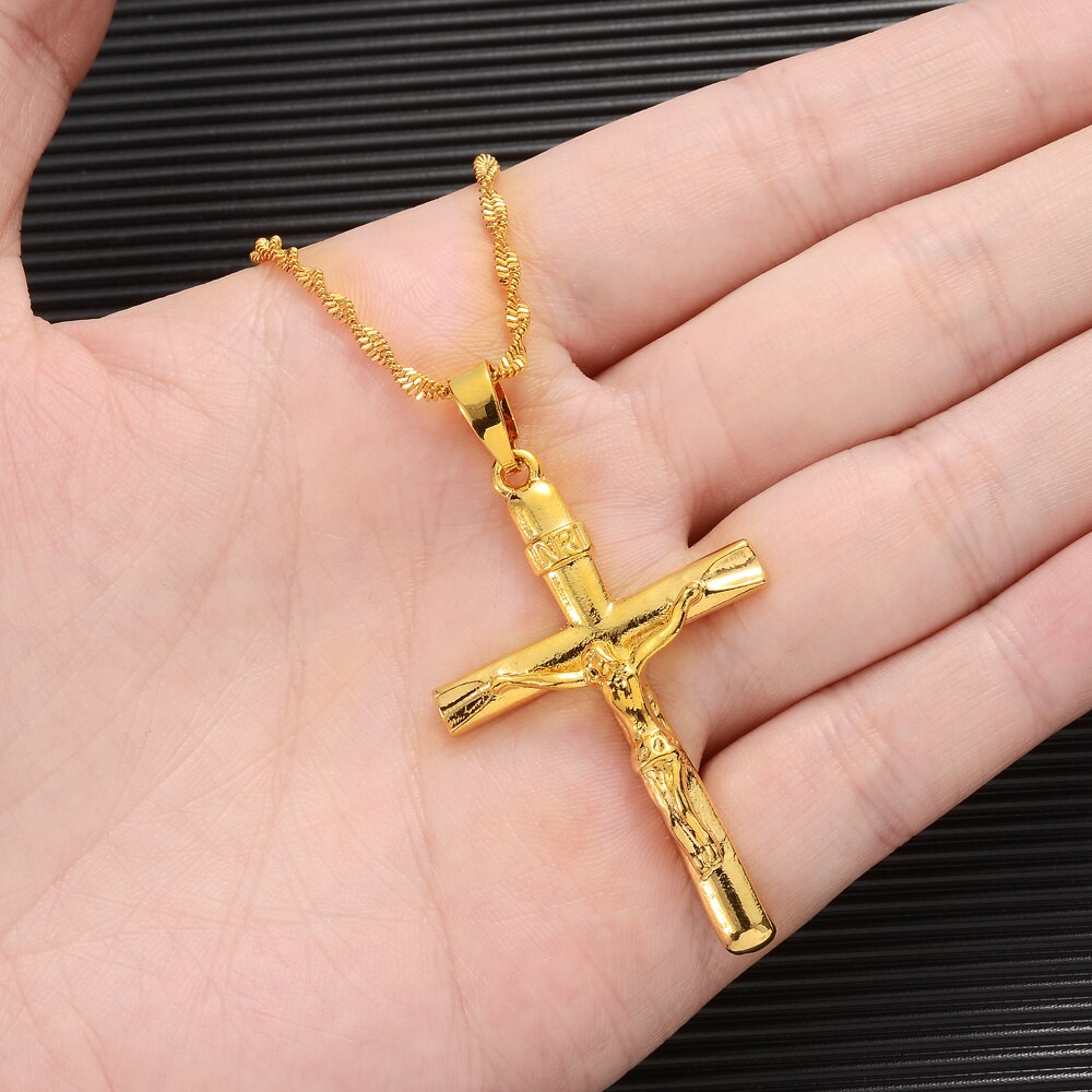 24k Fashion Big Cross Jesus Twisted Wave Necklace for Men