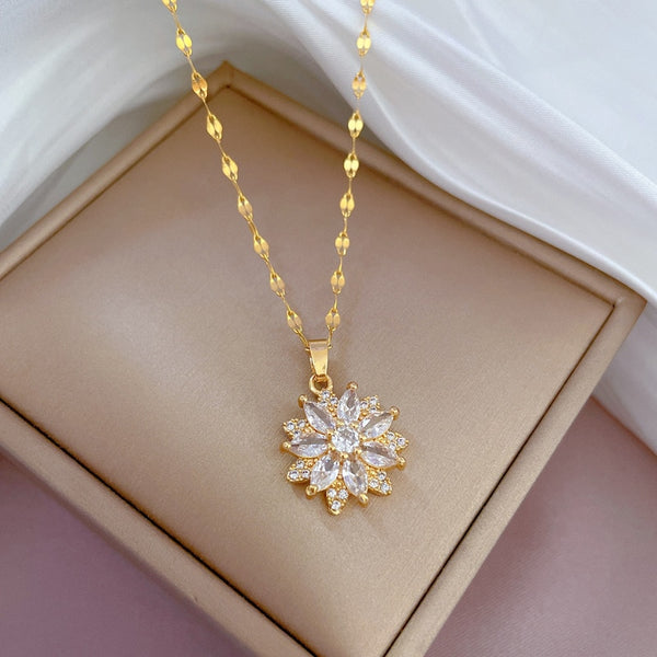 Gold Color Chains AAA Zirconia Sparkling Flower Necklace For Women